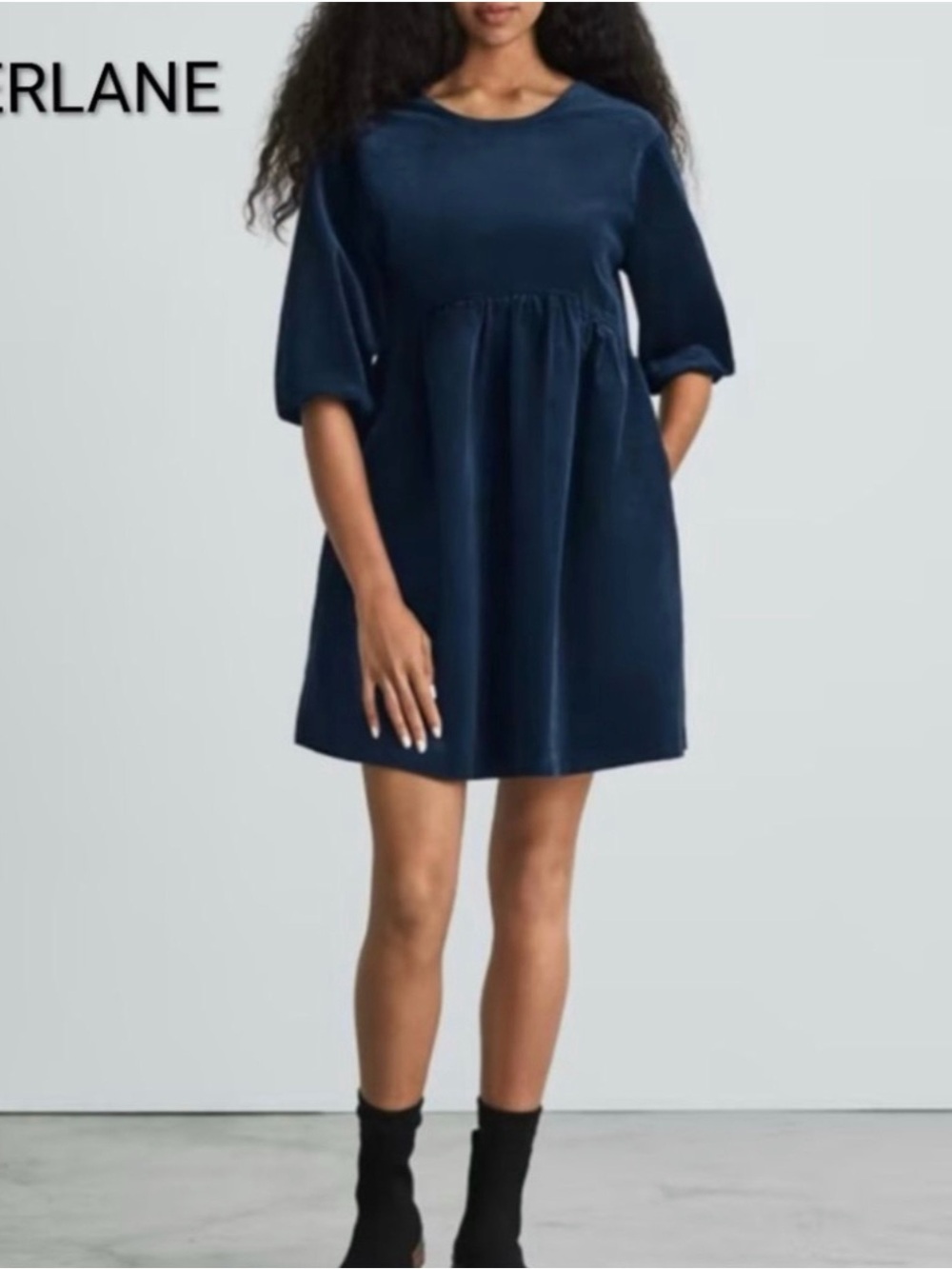 Everlane The Corduroy Mini Dress With Pockets & Puff Sleeves In Navy Size Large
